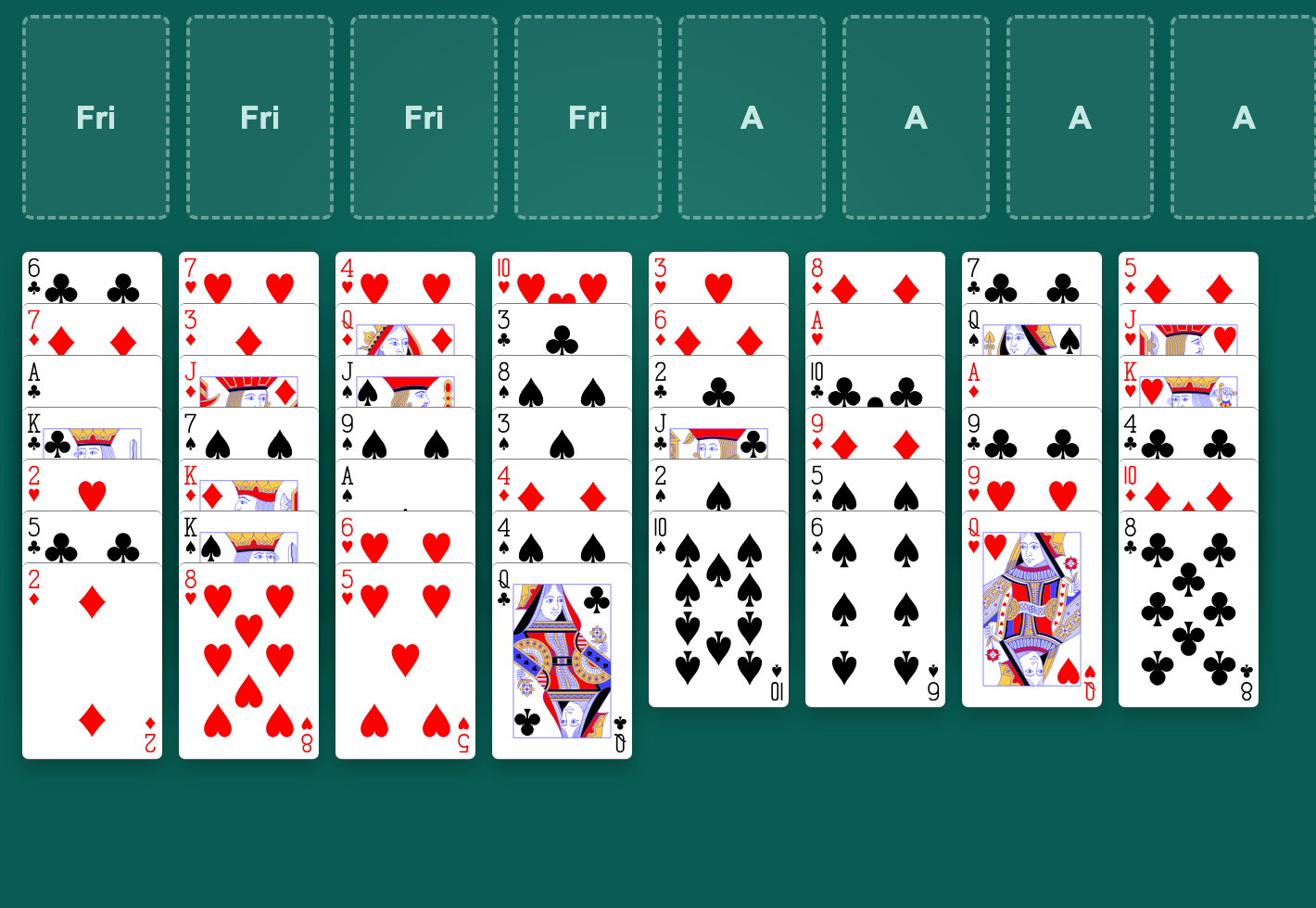 Startposisjon i FreeCell med fire frie celler, fire grunnbunker og åtte kolonner med åpne kort.